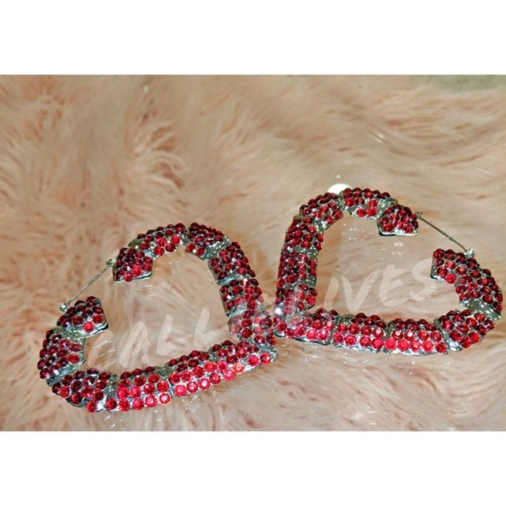 Miz Big Heart: Red Rhinestone MaryJ Bling Bamboo 80s Vintage Style Retro Earring - Picture 5 of 9